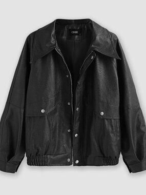 Black Oversized Faux Leather Bomber Jacket Size S